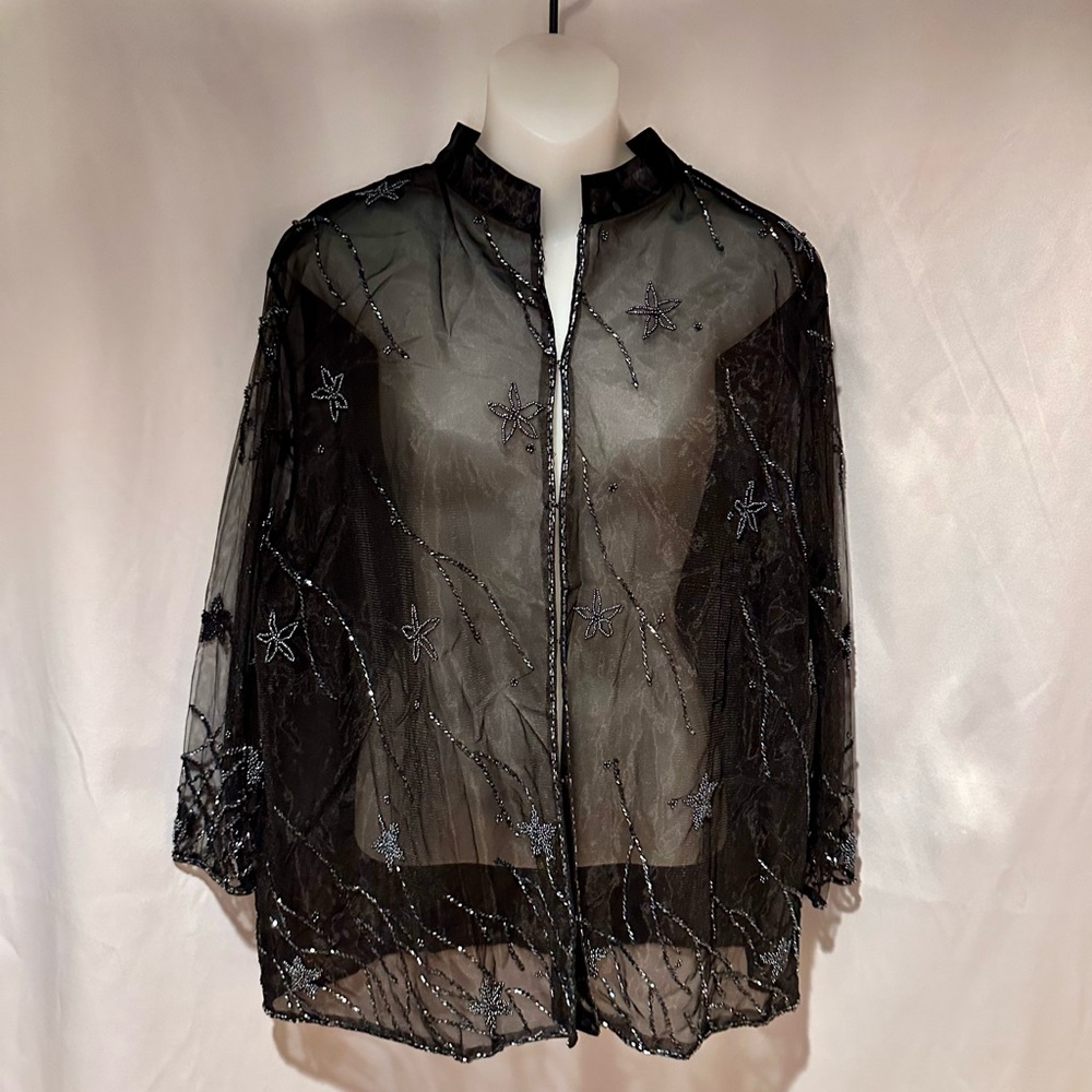 Vintage Black Sheer Beaded Jacket Blouse Blazer Formal Topper